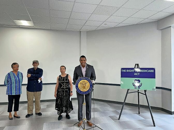 U.S. Rep. Ritchie Torres announced the Right to Medicare Act inside the Riverdale Y on Thursday, Aug. 24. He was joined by Betty Figueroa and Jose Figueroa, Sue Dodell, and Arnold Gottfried.