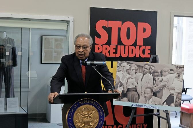 Civil rights lawyer and speechwriter Clarence Jones speaking outside of the Holocaust, Genocide, and Interfaith Education Center at Manhattan College on Wednesday, Aug. 30. U.S. Rep. Ritchie Torres presented Jones with an official statement placed in the Congressional Record. 