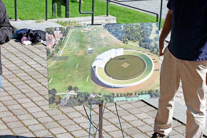 A rendering of the proposed 20-acre cricket stadium that would be erected at the parade grounds of Van Cortlandt Park. The proposed construction would start in January, end in June, and be demolished after the T20 Cricket World Cup soon after.