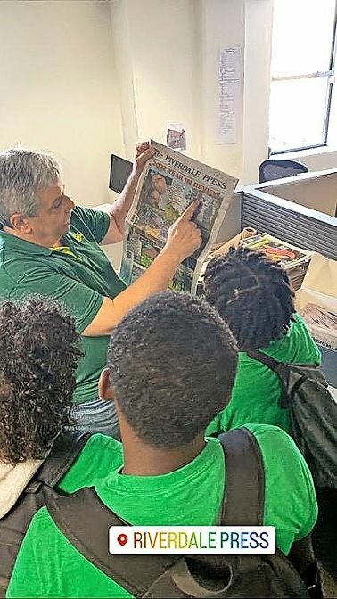 Students participating in the Riverdale Neighborhood House summer student program visited with Riverdale Press editor Gary Larkin earlier this summer. He took them on a tour of the newspaper’s office, answered some questions about the industry and showed them how a newspaper is published.