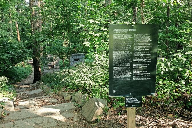 Following the stone steps installed by the Friends of Van Cortlandt Park leads to the mysterious pillars. The sign there explains the history of the Grand Central Stones.