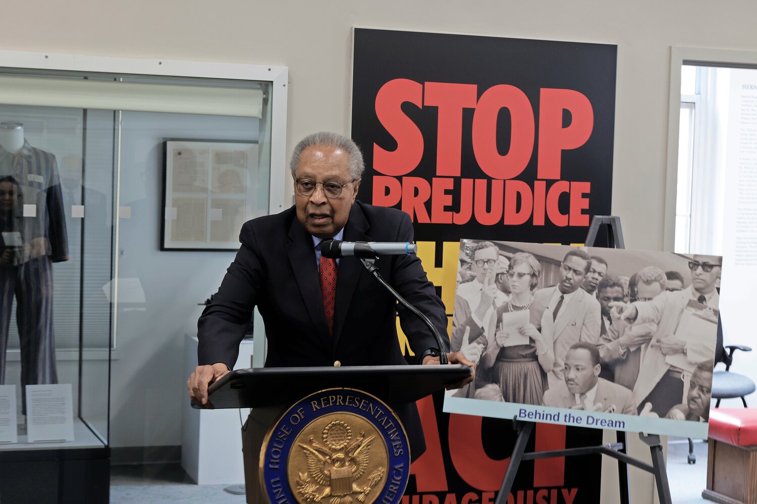 Civil rights lawyer and speechwriter Clarence Jones, who hailed from Riverdale, speaking outside of the Holocaust, Genocide, and Interfaith Education Center at Manhattan College on Wednesday, Aug. 30. U.S. Rep. Ritchie Torres presented Jones with an official statement placed in the Congressional Record. 