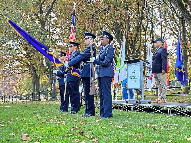 ERIC HARVEY
Bronx borough president Vanessa Gibson and sponsor Councilman Eric Dinowitz passed a resolution designating November as New York City’s ‘Veteran Appreciation Month.’ The idea of the designation came about when the two were at an event supporting Manhattan College veteran students. Manhattan College’s ROTC color guard presented the flags during the ceremony on Nov. 5.