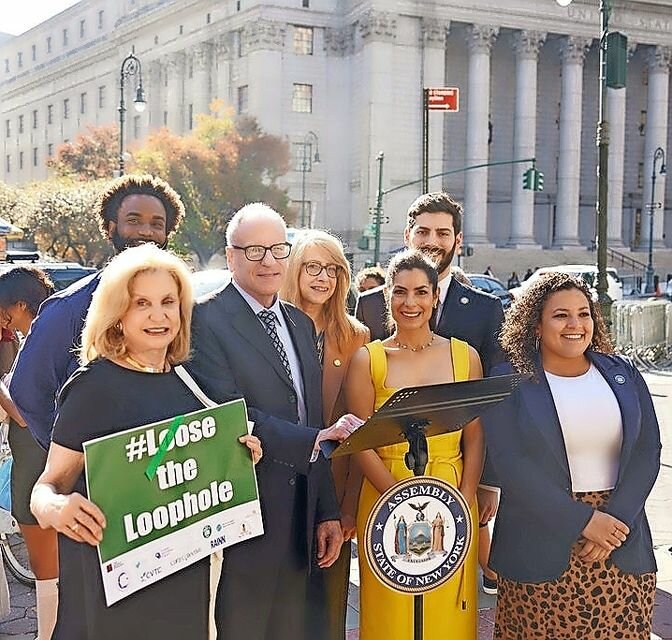 Assemblyman Jeffrey Dinowitz along with state Sen. Nathalia Fernandez, Assemblywoman Linda Rosenthal, Assemblyman Alex Bores and Lizzie Asher, president and co-founder of Cura Collective, at Foley Square on Oct. 26.