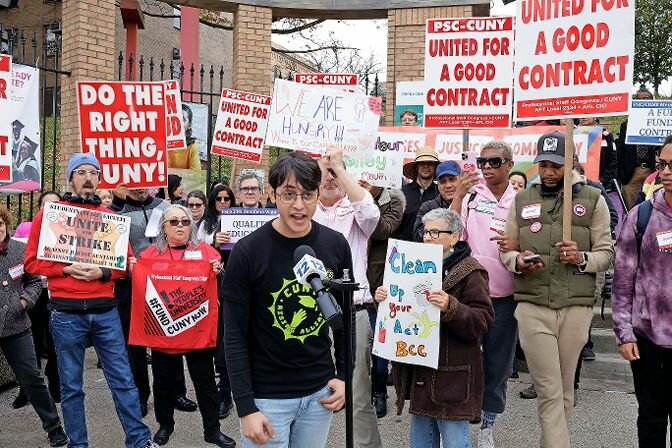 Juan Vasquez, a student at Bronx Community College, stood in solidarity with faculty and staff, members of PSC-CUNY, in their demands for a fair contract and respect. The union’s contract expired in February and negotiations for a new contract began over the summer.