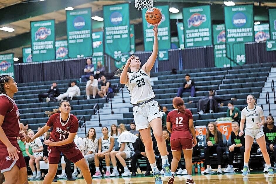 Manhattan College’s Ines Gimenez Monserrat goes for a layup against Rider last weekend in a 73-39 blowout win.