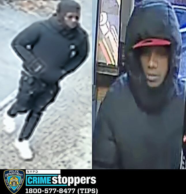 The two individuals pictured are believed by police to be connected to a series of robberies in the 34th, 49th and 50th Precincts. They are described as males with dark skin complexion, last seen wearing all black and riding a dark colored moped.