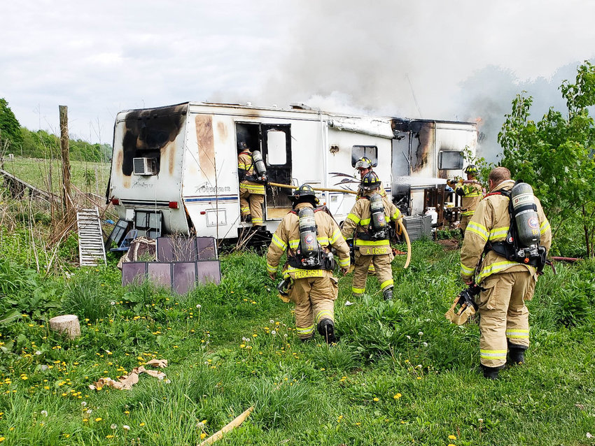 CAMPER FIRE &mdash;&nbsp;No one was injured when this camper caught fire on Brouillette Road in the Town of Augusta at about 9:53 a.m. Sunday, according to the Oriskany Falls Fire Department. Volunteers from Oriskany Falls and Vernon Center responded and doused the fire in about 10 minutes, officials said.