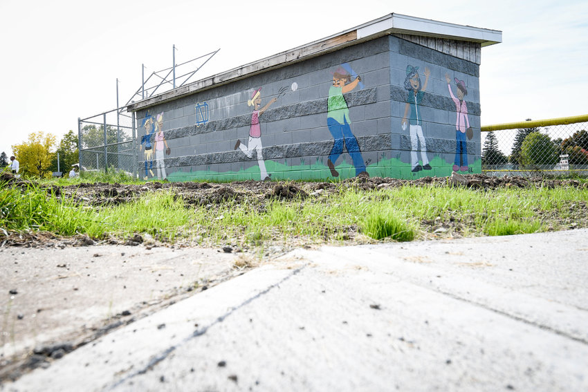 A mural painted on a dugout wall located at Wankel Park in south Utica. Utica Mayor Robert Palmieri and the Resource Center for Independent Living announced the creation of accessible pathways throughout the park on Monday. (Sentinel photo by Alex Cooper)