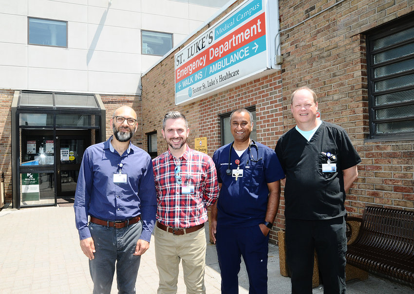 AWARD WINNING TEAM &mdash; Standing outside of the Emergency Department (ED) on the St. Luke&rsquo;s Campus of MVHS from left, Afsar Khan, MD, medical director of the MVHS ED; William Gaetano, MD, assistant medical director for MVHS ED, St. Elizabeth; Avinash Kambhampati, DO, assistant medical director for MVHS ED, St. Luke&rsquo;s; and Russell Petrie, PA, physician assistant in the ED.