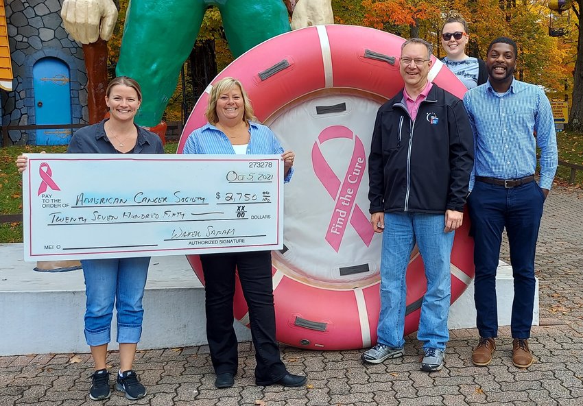 MAKING A SPLASH &mdash; Enchanted Forest Water Safari makes a donation of $2,750 to the local chapter of the American Cancer Society to assist with the organization&rsquo;s efforts to support individuals with cancer. From left: Katie Wojdyla and Kelly Greene, of Enchanted Forest Water Safari; Robert Elinskas, of the American Cancer Society; and Kelsey Clark and Richard Blackshear, of Enchanted Forest Water Safari.