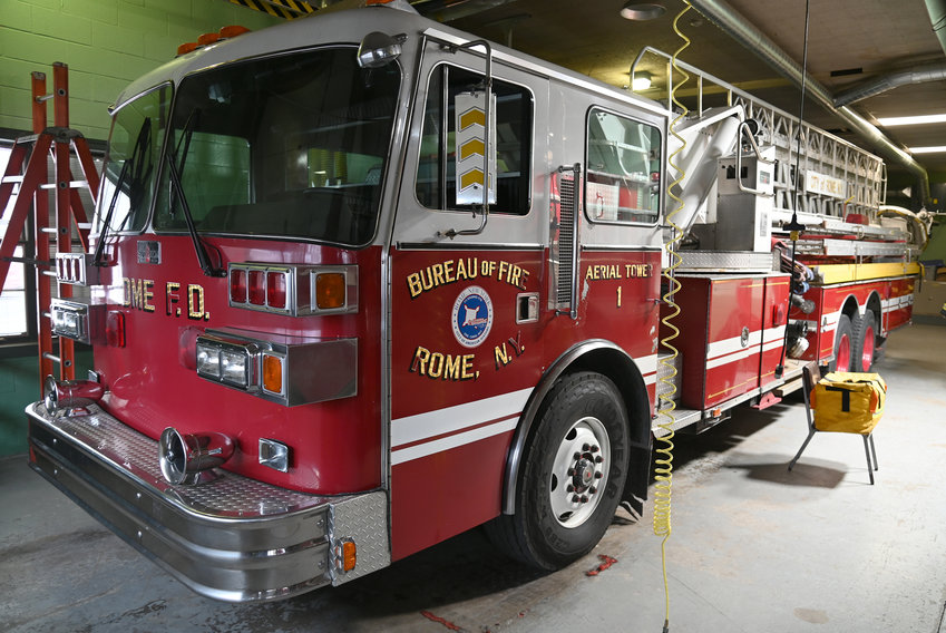 READY FOR REPLACEMENT &mdash; The Rome Fire Department&rsquo;s Aerial Tower 1 rig rests at the department&rsquo;s Laurel Street station on Wednesday. The 32-year-old tower truck will be replaced on the front lines by a new tower truck that was ordered in the fall. The old truck will be moved to reserve status.