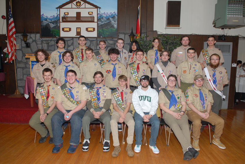 EAGLES GATHER &mdash;&nbsp;Members of the Class of Eagle Scouts of the Leatherstocking Council for 2020-2021 gathered recently to commemorate their achievements as part of a recognition dinner. The group, which had  been unable to gather during the early days of the COVID-19 pandemic included several area residents. Front row, from left: William Richards, of Lawyersville; Kenneth Hurd, of Osceola; Jeffrey Salamone, of Schuyler; Zachery View, of Mohawk; Davis Bauer Jr., of New Hartford; David Bloss, of Chittenango; and Michell Bravo, of Holland Patent; middle row: Jeffrey Lehn, of Margaretville; Trevor Owens, of Westmoreland; Daniel Titcombe, of West Edmeston; Matthew Steates, of Clinton; Isaac Schlaegel, of Ilion; James Pike, of Rome; Aiden Hawks, of Whitesboro; and Jacob Ostrander, of Unadilla; back row: Nicholas Fostini, of Clinton; John Flanagan, of Newport; Bryan DeGironimo, of Sauquoit; Jonathan Deitchman, of Maryland; Diego Gamarra, of New Hartford;  Zachary Gioppo, of Utica; Jake Tobin, of Cazenovia; and Aiden West, of New Hartford. The Leatherstocking Council serves youth from Herkimer, Oneida and Madison counties as well as parts of Hamilton, Otsego, Delaware and Lewis counties.