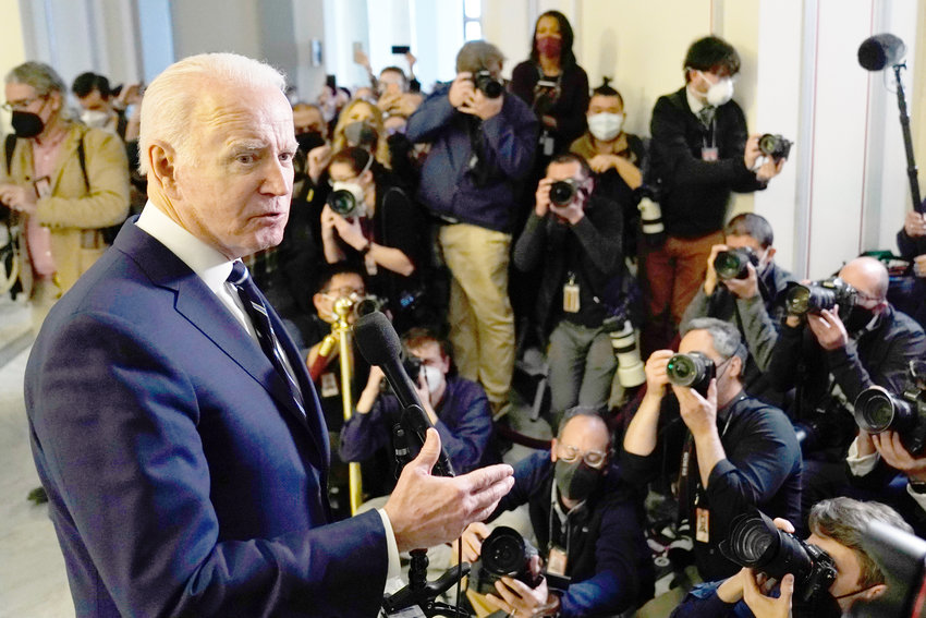 CAPITOL LUNCHEON &mdash; President Joe Biden speaks to the media after meeting privately with Senate Democrats Thursday on Capitol Hill in Washington. Major topics were upcoming voting rights legislation.