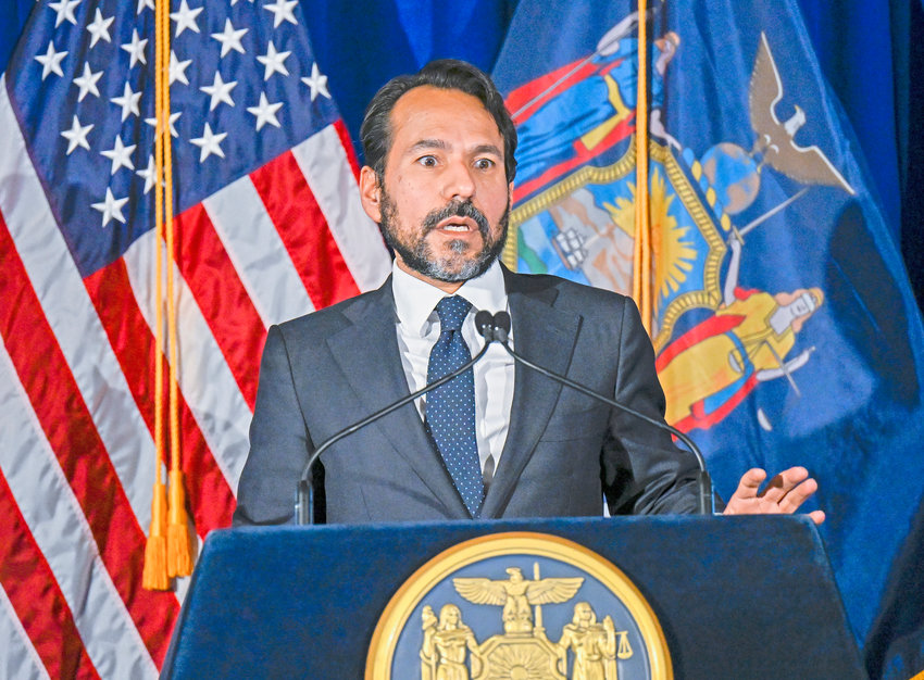 INCREASE SOUGHT &mdash; Robert Mujica, budget director of the State of New York answers 2022 budget questions during a news conference after Gov. Kathy Hochul presented her first executive state budget at the state Capitol in Albany on Tuesday. Hochul&rsquo;s plan would increase spending nearly 3.1%.