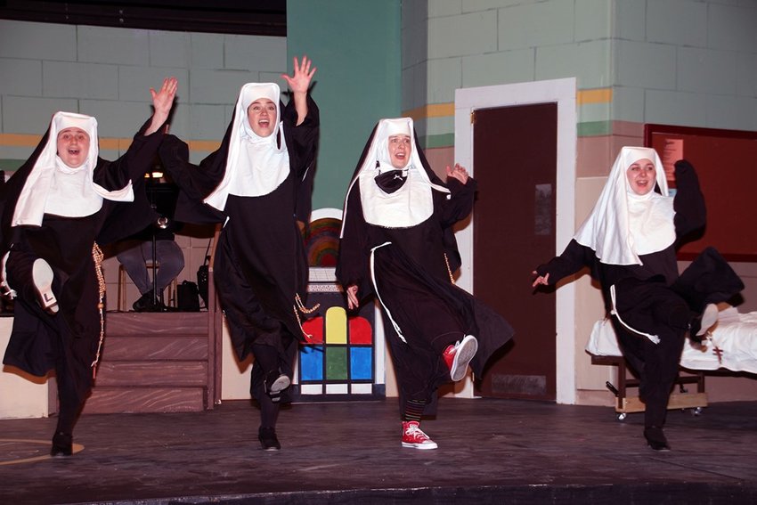 HIGH STEPPERS &mdash; Nunsense is a delightful night of entertainment at the Rome Community Theater, with performers, from left, Maria Parker, Ally Priore, Valerie Abel, and Graycee Fern Olds (along with T.J. Phister, not shown). Rome Community Theater will perform a second weekend of performances of Nunsense at 7:30 p.m. on Friday, Feb. 18, and Saturday, Feb. 19, and at 2:30 p.m. on Sunday, Feb. 20.