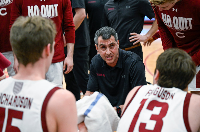PEP TALK &mdash; Colgate coach Matt Langel talks to players during the first half against Navy in the Patriot League men's tournament championship on March 9 in Hamilton. Colgate won 74-58.