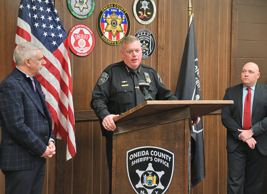 &lsquo;INCREDIBLE TECHNOLOGY&rsquo; &mdash;&nbsp;Oneida County Sheriff Robert M. Maciol, center, was joined by other county officials on Wednesday to unveil the MX908 drug detection device. From left: County Executive Anthony J. Picente Jr.; Maciol; and Executive Administrative Assistant District Attorney Grant J. Garramone.