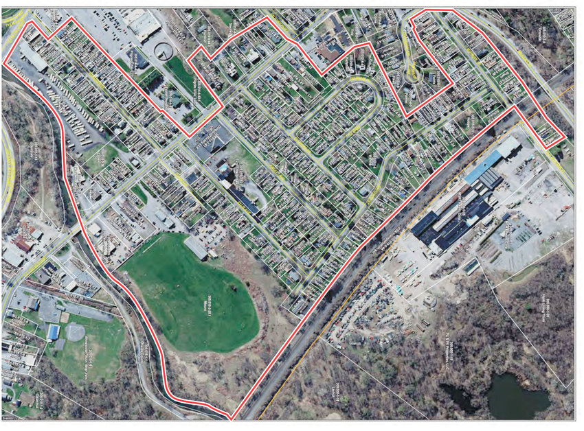 PROJECT AREA &mdash; Outlined in red is the area of Whitesboro where residents are currently being offered a property buyout through a Natural Resources Conservation Service program.