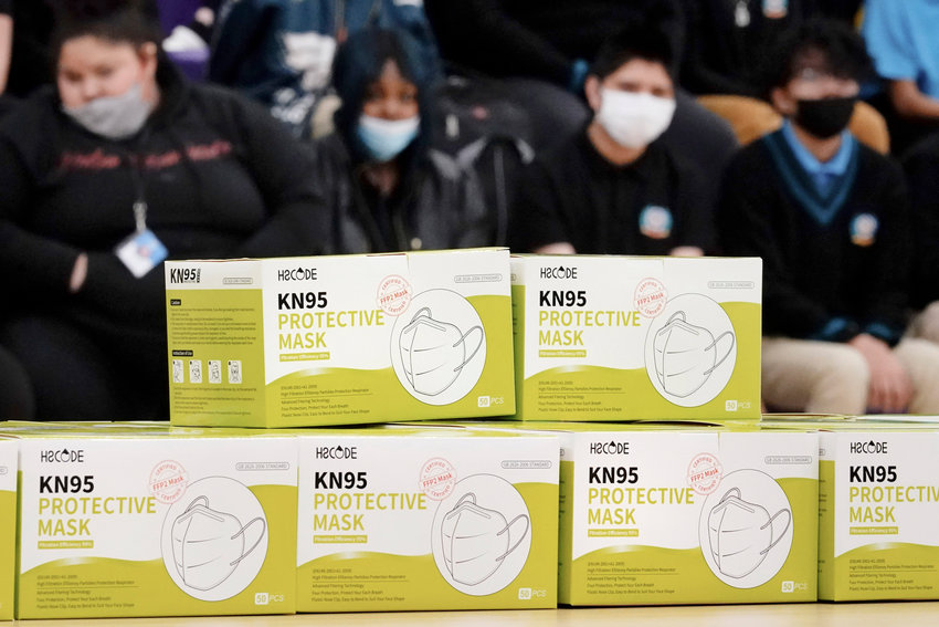 MASKS &mdash;&nbsp;Boxes of KN95 protective masks are stacked together before being distributed to students at Camden High School in Camden, N.J., Wednesday, Feb. 9, 2022. According to a study by the Centers for Disease Control and Prevention released Tuesday, April 26, 2022,  three out of every four U.S. children have been infected with COVID-19. The positivity rate in the Mohawk Valley topped 10% on Wednesday, according to state statistics.
