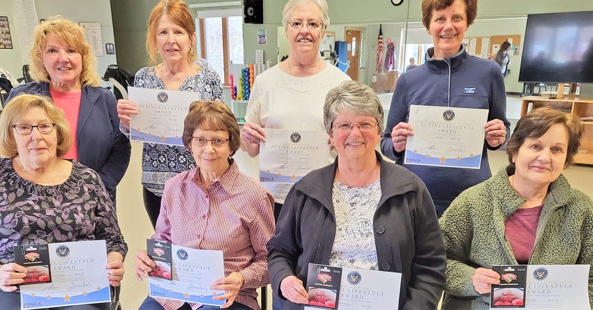 Members of Copper City Community Connection were recently awarded the President&rsquo;s Active Lifestyle Award. From left, rear: CCCC Executive Director Susan Streeter with award winners Mary E. McNeil, Elizabeth Pettinelli, Ruth Weltz, Patricia Wyman, Carol Acomb, Rosemary Hurlbut and Darlene Hertel, as they are presented with a PALA certificate and a Hannaford gift certificate.