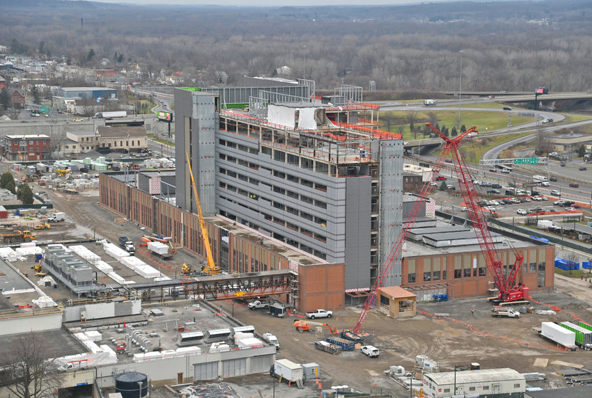 View of the new downtown hospital in Utica is shown in this recent construction photo.
