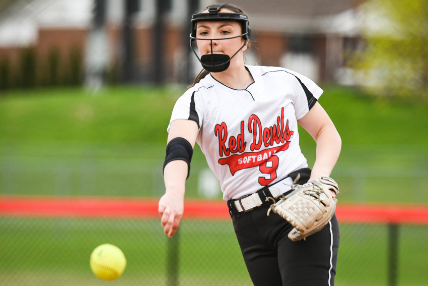 Vernon-Verona-Sherrill pitcher Kendal Lehnen delivers a pitch during the game against Utica Proctor on Friday in Utica. Lehnen and the Red Devils won 4-3. She struck out nine in the Tri-Valley League victory.