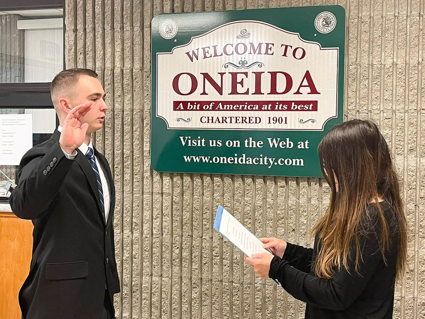 NEW ONEIDA POLICE OFFICER &mdash; Oneida Police Officer Nicholas Weber was sworn into service Monday morning in the City of Oneida, according to police officials. Weber will attend the second phase of the Police Academy before he begins in-field service. Authorities said Weber is also a sergeant in the Army National Guard.