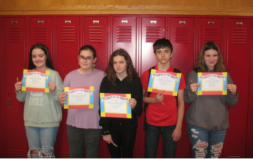 South Lewis Middle School faculty members selected five students for the April 2022 &ldquo;Student of the Month&rdquo; program. From left: Amelia Dolan, Hailey Dickinson, Kendyle Gates-Millard, Draven Perry, and Lily Dailey.