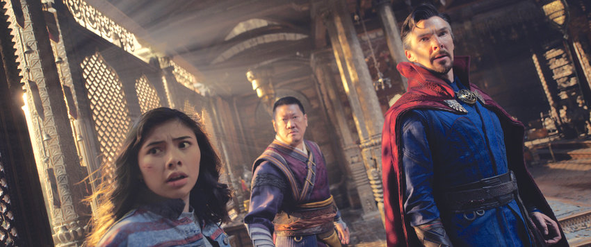 From left, Xochitl Gomez as America Chavez, Benedict Wong as Wong, and Benedict Cumberbatch as Dr. Stephen Strange in a scene from &ldquo;Doctor Strange in the Multiverse of Madness.&rdquo;