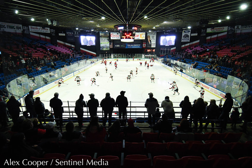 Fans gather in the Adirondack Bank Center before the start of the game between the Utica Comets and Springfield Thunderbirds on Saturday, Feb. 5. (Sentinel photo by Alex Cooper)