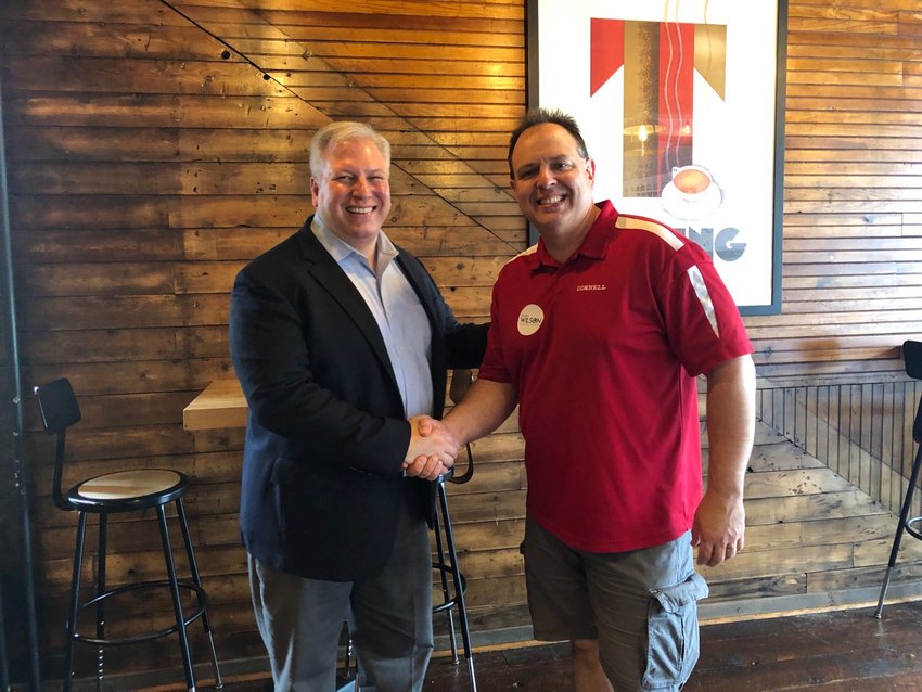 From left, New York gubernatorial candidate Harry Wilson and Verona Town Councilman Fritz Scherz at an event in Oneida on Saturday, May 21.