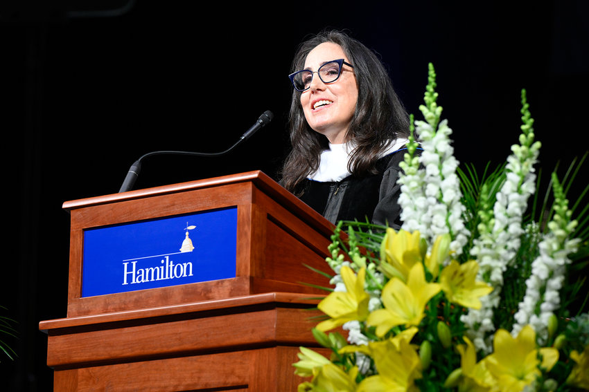 Gillian B. Zucker, a member of Hamilton College&rsquo;s Class of 1990, speaks to the Class of 2022 during Sunday&rsquo;s commencement ceremony.