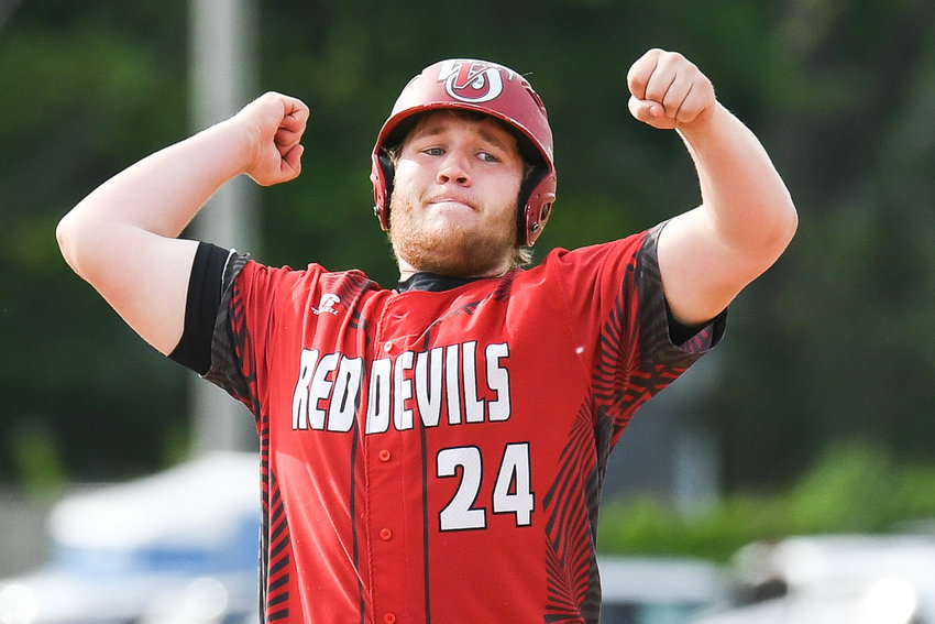 Vernon-Verona-Sherrill player Kessler Norman celebrates after hitting a double and driving in two runs during the Section III Class B first round game against host Clinton on Monday. VVS won 5-4. Game details were unavailable.