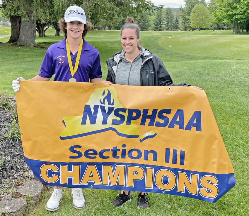 Holland Patent freshman Jacob Olearczyk shot a 79 to medal in the Section III boys golf North Division Qualifier held Monday at McConnellsville Golf Course. Olearczyk is pictured with HP head coach Kourtney Kupiec.