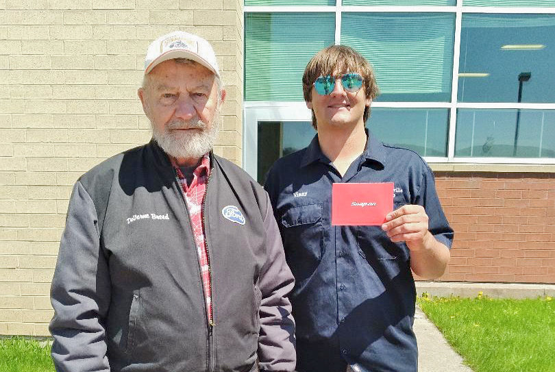 AWARD &mdash; DeVerne Breed, left, a member of the Mohican Model A Ford Club, presented a $500 Snap-On Tools gift card to Morrisville College Automotive Department student, Vincent Swinnich of Homer. The recipient of this annual award is selected by the automotive program&rsquo;s teachers based on the student&rsquo;s leadership, good character, participation and academic excellence. Swinnich is enrolled in the four year program and has just finished his second year. During his time off from college, he works at Cortland-Chrysler-Dodge in Cortland. He drives an &lsquo;87 Chevy El Camino and is currently the president of the Morrisville College&rsquo;s automotive car club.