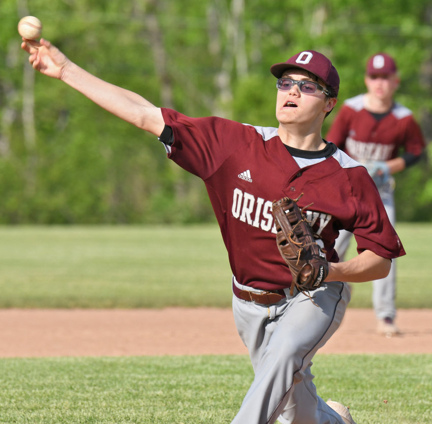 Oriskany starting pitcher Chase Koenig delivers against Mater Dei during the Section III Class D baseball quarterfinal on Thursday. Koenig struck out eight batters while allowing four hits and a run in six innings on the mound in the Redskins&rsquo; 11-3 win. High school baseball roundup on page 13.