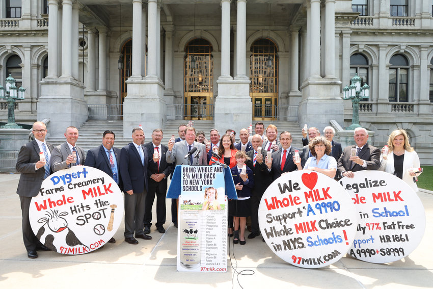 Officials gather in Albany earlier this week to call for the passage of a bill, A.9990, sponsored by Assemblyman Brian Miller, R-101, New Hartford, which would allow schools to purchase whole and 2% milk from local dairy producers.