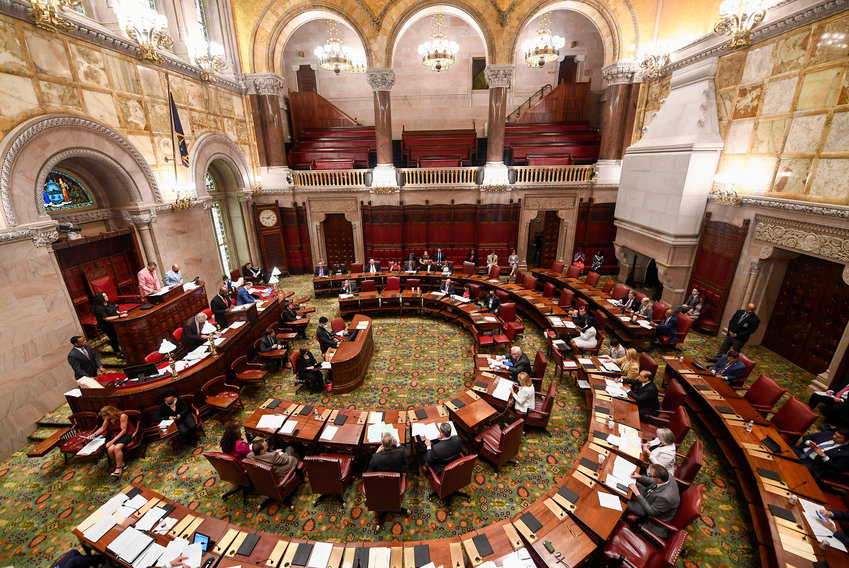 The Senate Chamber is pictured during a legislative session at the state Capitol on the last scheduled day of the 2022 legislative session, Thursday, June 2, 2022, in Albany, N.Y. (AP Photo/Hans Pennink)