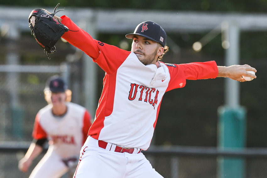 Utica Post pitcher Angelo Podagrosi delivers to home during the game against Smith Post on Monday at Murnane Field in Utica. The hosts won 11-4.