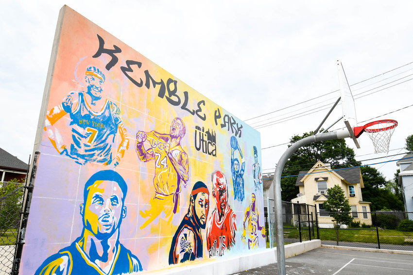 PARK MURAL &mdash; A new basketball mural featuring NBA and WNBA stars, such as Kobe Bryant and local star Brianna Kiesel, was painted near the basketball courts at Kemble Park in Utica by city codes director Marques Phillips. Each city councilperson was given money to upgrade areas in their respective districts and Councilman Venice Ervin decided to use a large portion on the park, with the mural being the first upgrade. Ervin talked with kids at the park to see who they would want on the wall and Phillips came up with the design and painted the image. New grills, seating and a performance stage is also planned for future additions to the park.