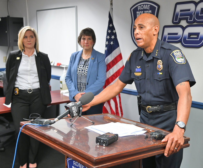 Rome Police Chief David J. Collins unveils the department&rsquo;s new Street Crimes Unit on Tuesday. The unit will operate independently from the rest of the Patrol Division to focus their efforts on gun and drug-related crimes in Rome. He was joined by Lt. Sharon Rood, left, and Mayor Jacquline M. Izzo.