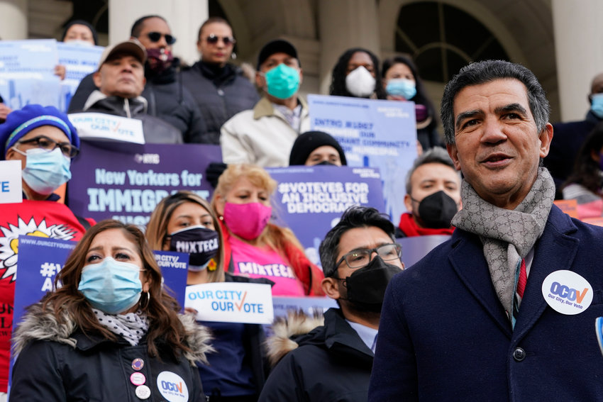 New York City Council Member Ydanis Rodriguez speaks during a rally on the steps of New York City Hall, ahead of a City Council vote to allow lawful permanent residents to cast votes in elections to pick the mayor, City Council members and other municipal officeholders, Dec. 9, 2021. A judge on Monday, June 27, 2022, blocked New York City from letting noncitizens vote for mayor and other municipal offices, a measure that Republicans challenged as unconstitutional.