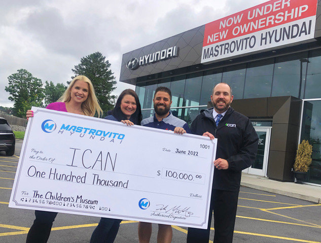 Mastrovito Hyundai, 5194 Commercial Drive in Yorkville, has committed a multi-year gift of $100,000 to the Utica Children&rsquo;s Museum, which will be located in ICAN&rsquo;s Family Resource Center, currently under construction at 106 Memorial Parkway. From left: Donna Migliaccio, museum director at the Utica Children&rsquo;s Museum; Coleen Mastrovito, owner and office manager at Mastrovito Hyundai; Frank Mastrovito, owner at Mastrovito Hyundai; and Steven Bulger, ICAN CEO and executive director.