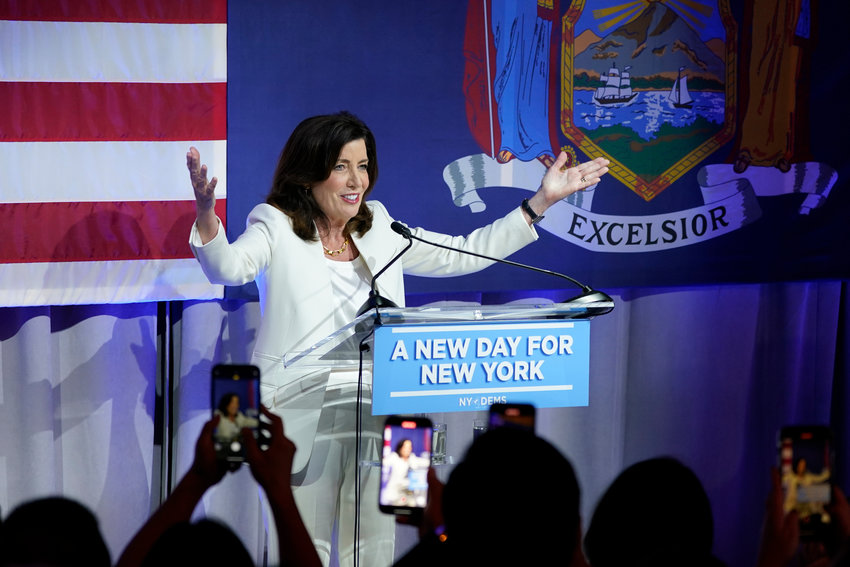 Gov. Kathy Hochul speaks during her primary election night party, Tuesday, in New York.