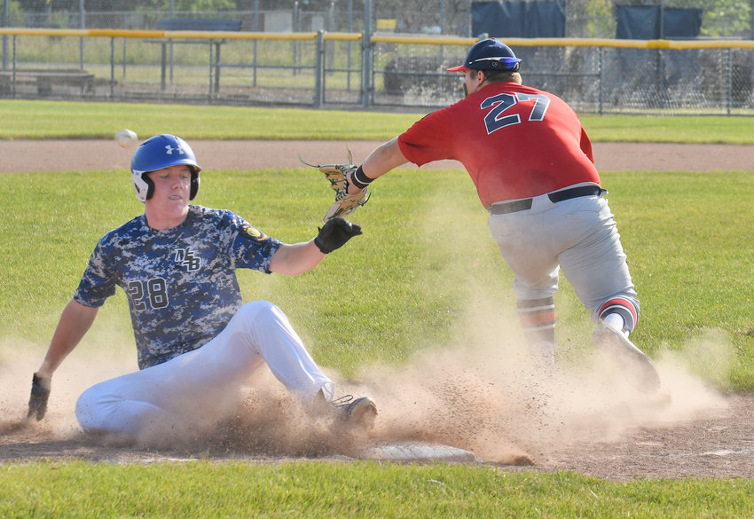 Moran Post's Connor MacArthur slides safely in to third with Oriskany Post's Keegan Kraeger awaiting the throw. MacArthur had two-run triple in the first inning. No other stats were available.