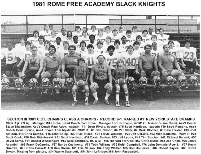 The 1981 Rome Free Academy varsity football team, which was ranked No. 1 in New York state and coached by Hall of Famer Tom Hoke, is the 2020 recipient of the Rome Sports Hall of Fame&rsquo;s Ellie Bruce Exceptional Team of Excellence Award.