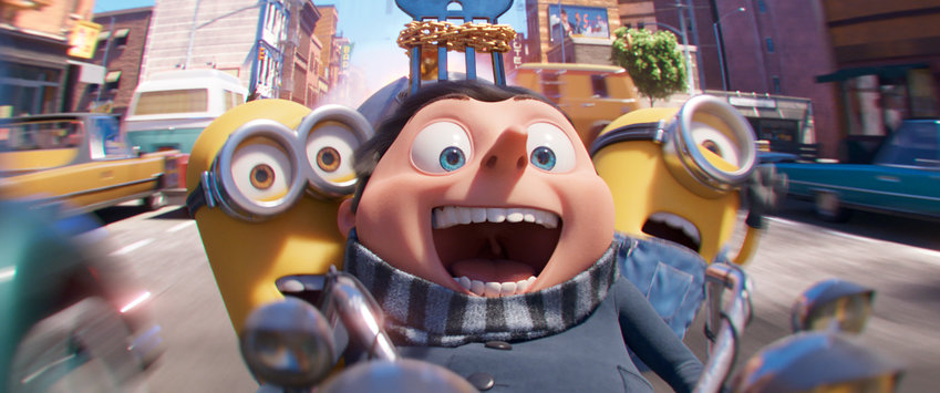 From left, Kevin, Gru, voiced by Steve Carell, and Stuart in a scene from &ldquo;Minions: The Rise of Gru.&rdquo;