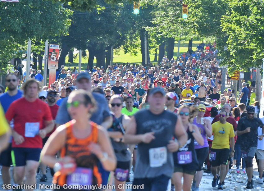 Pictured are 15k runners on  Memorial Parkway during the 45th Boilermaker Road Race.