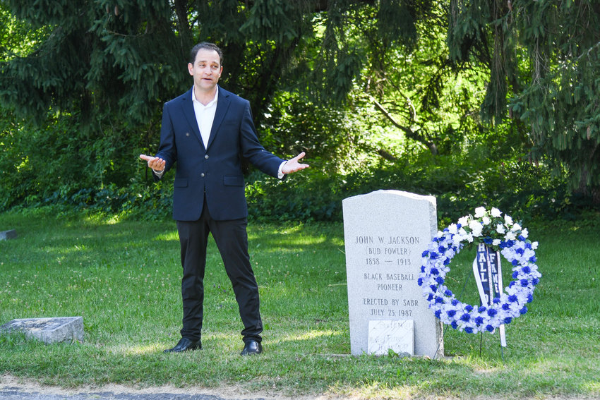 Josh Rawitch, president of the National Baseball Hall of Fame, speaks during a ceremony honoring former baseball player Bud Fowler on Wednesday at Oakview Cemetery in Frankfort.